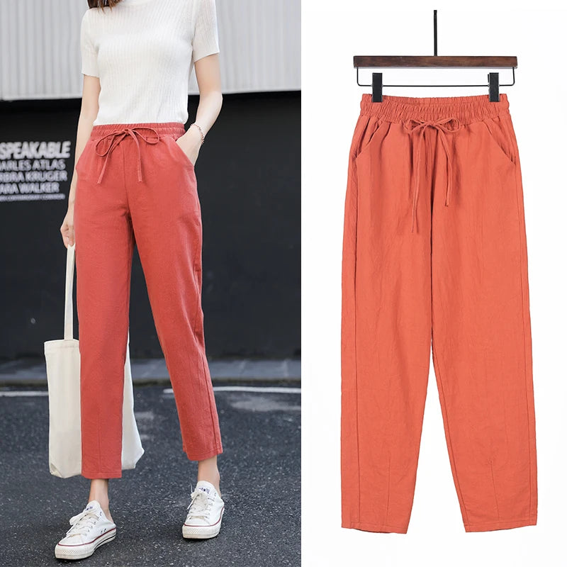 TAMBREET 2024 Womens Spring Summer Pants Cotton Linen Solid Elastic waist Candy Colors Harem Trousers Casual Female Pants