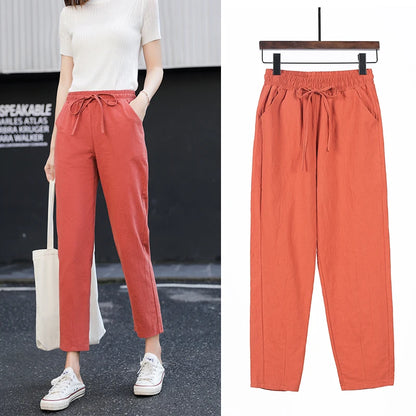 TAMBREET 2024 Womens Spring Summer Pants Cotton Linen Solid Elastic waist Candy Colors Harem Trousers Casual Female Pants