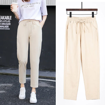 TAMBREET 2024 Womens Spring Summer Pants Cotton Linen Solid Elastic waist Candy Colors Harem Trousers Casual Female Pants