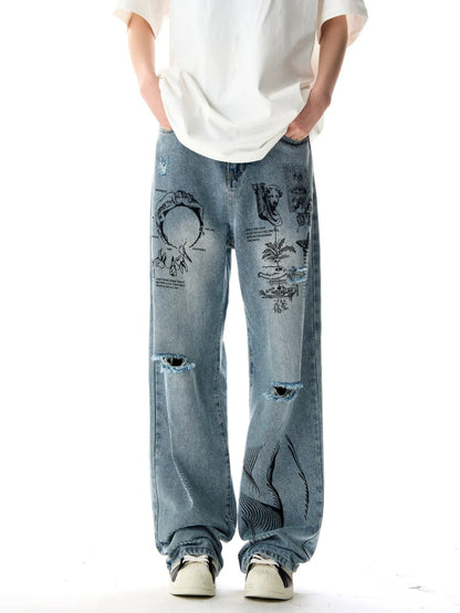 TAMBREET 2024  American graffiti printed ripped jeans for men and women, washed and worn loose straight leg wide leg pants