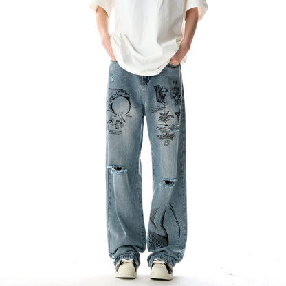 TAMBREET 2024  American graffiti printed ripped jeans for men and women, washed and worn loose straight leg wide leg pants