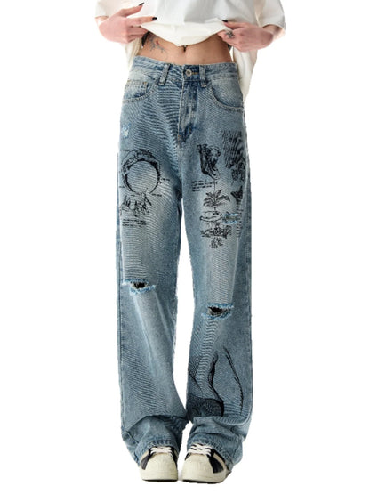 TAMBREET 2024  American graffiti printed ripped jeans for men and women, washed and worn loose straight leg wide leg pants