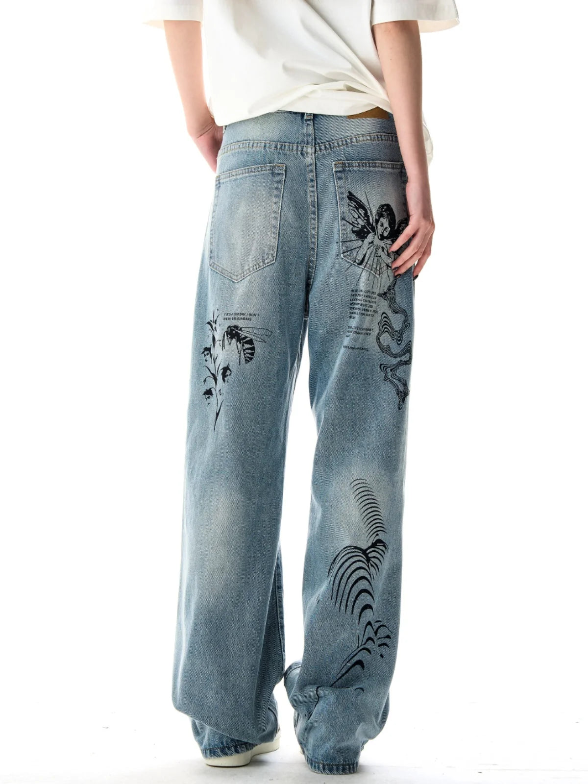 TAMBREET 2024  American graffiti printed ripped jeans for men and women, washed and worn loose straight leg wide leg pants