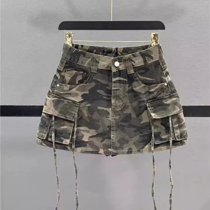 TAMBREET 2024 Autumn New Fashion Vintage Camouflage Frock Skirt Female Y2K Street Harajuku Slim Hot Girl A-bag Hip Skirt Denim Skirt