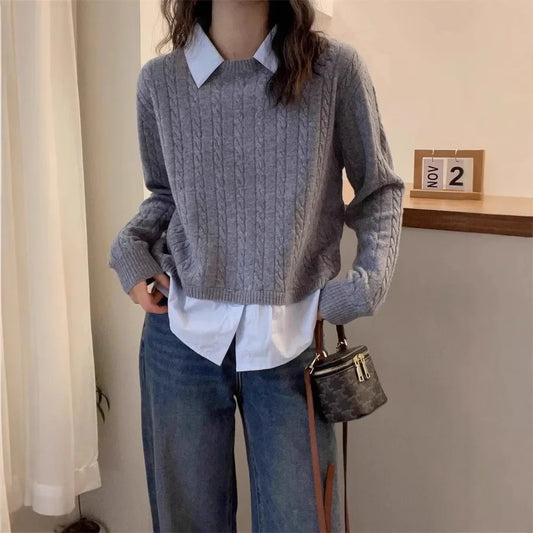 TAMBREET 2024 Autumn New Women's Cable Knit Elegant Top Two-Piece Illusion Sweater Polo Collar Style Knitted Sweater From China Mainland