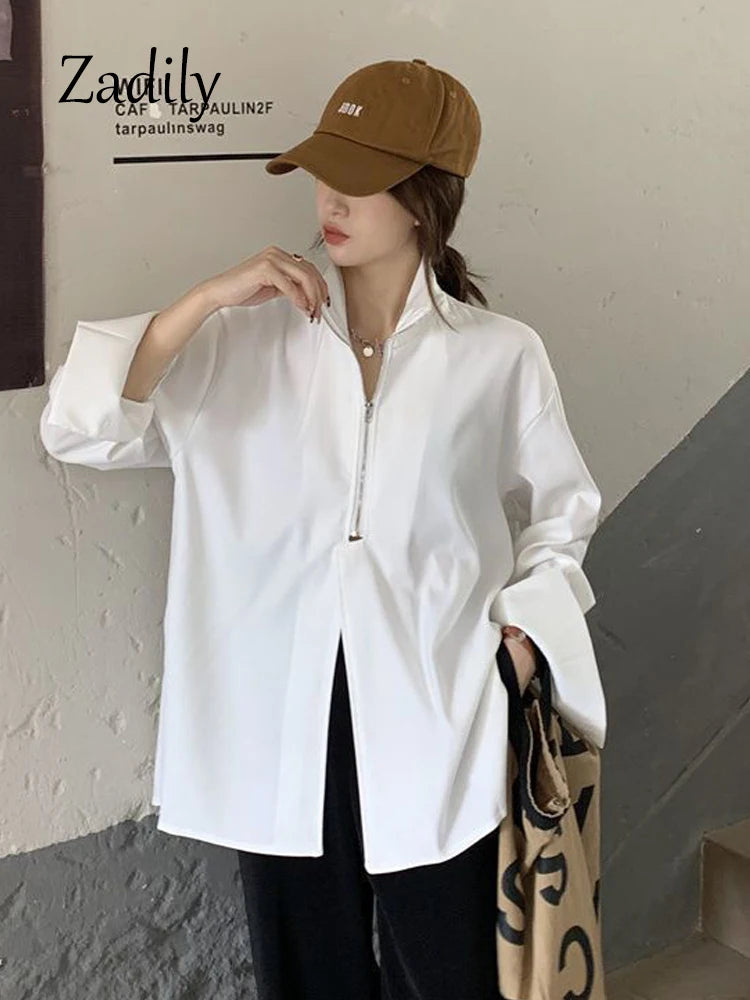 TAMBREET 2024 Autumn Streetwear Long Sleeve White Shirt and Blouse Women Minimalist Zipper Oversize Ladies Shirts Female Clothing Y2K Top