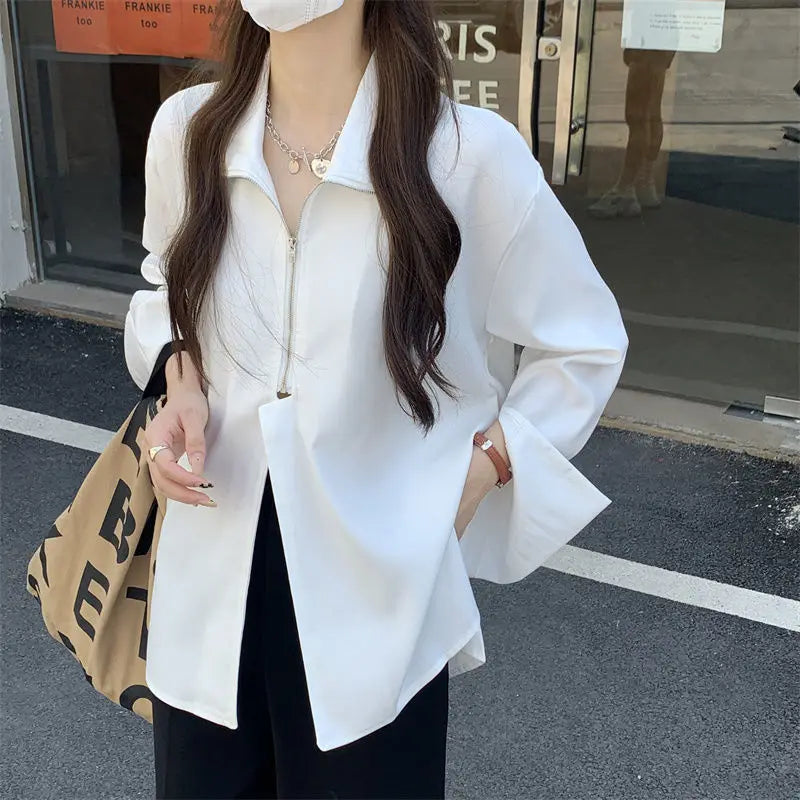 TAMBREET 2024 Autumn Streetwear Long Sleeve White Shirt and Blouse Women Minimalist Zipper Oversize Ladies Shirts Female Clothing Y2K Top