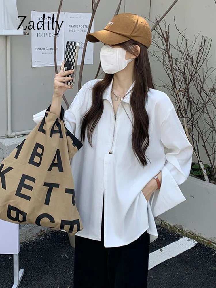 TAMBREET 2024 Autumn Streetwear Long Sleeve White Shirt and Blouse Women Minimalist Zipper Oversize Ladies Shirts Female Clothing Y2K Top