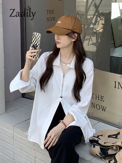 TAMBREET 2024 Autumn Streetwear Long Sleeve White Shirt and Blouse Women Minimalist Zipper Oversize Ladies Shirts Female Clothing Y2K Top