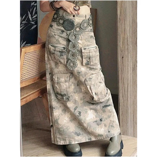 TAMBREET 2024 Autumn Vintage Street Harajuku Camouflage Print Denim Skirt Women's Grunge High Waist Y2K Street Retro Female Gothic Skirt