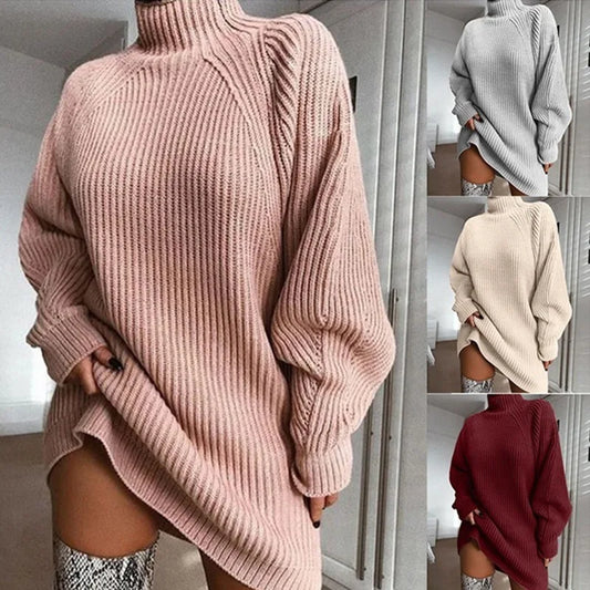 TAMBREET 2024 Autumn/Winter New Knitted Sweater Fashionable and Sexy Medium to Long Sleeve Half High Collar Sweater Dress