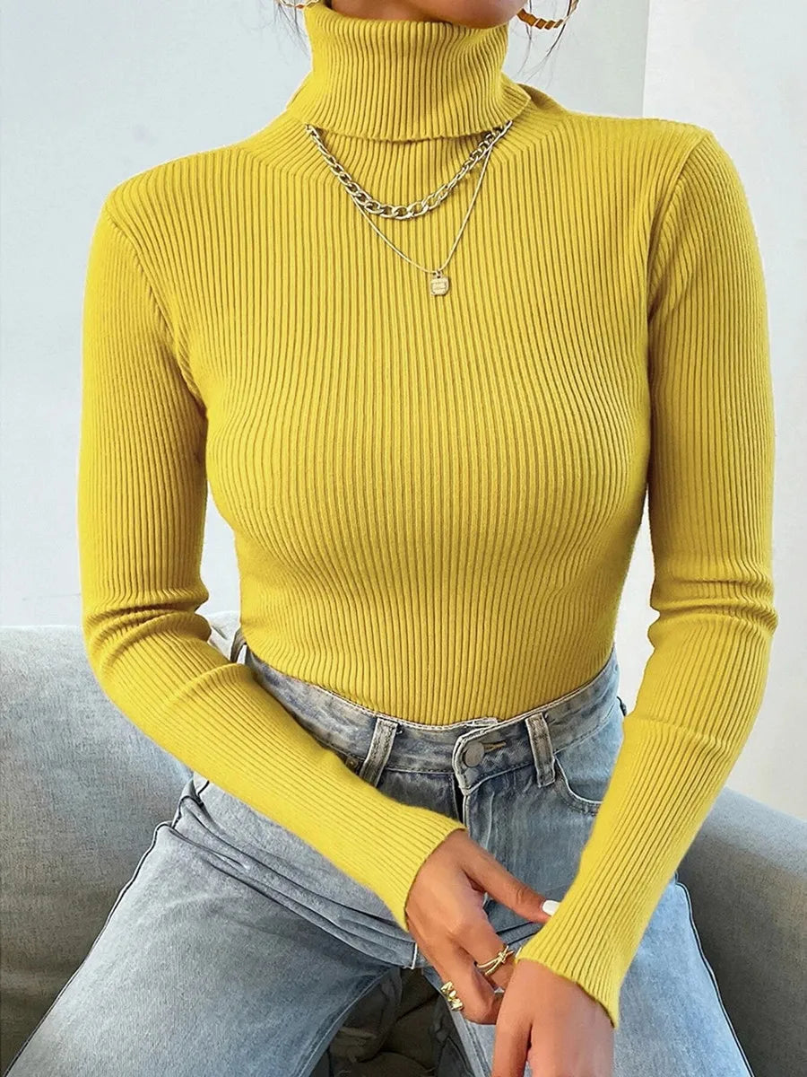 TAMBREET 2024 Autumn Winter Women Knit Solid Turtleneck Pull Sweater Casual Rib Jumper Tops Female Home Pullover Y2K Clothing