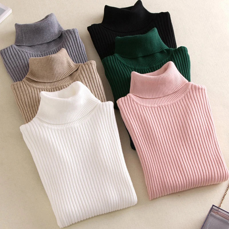 TAMBREET 2024 Autumn Winter Women Knit Solid Turtleneck Pull Sweater Casual Rib Jumper Tops Female Home Pullover Y2K Clothing