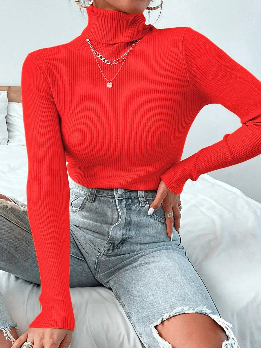 TAMBREET 2024 Autumn Winter Women Knit Solid Turtleneck Pull Sweater Casual Rib Jumper Tops Female Home Pullover Y2K Clothing