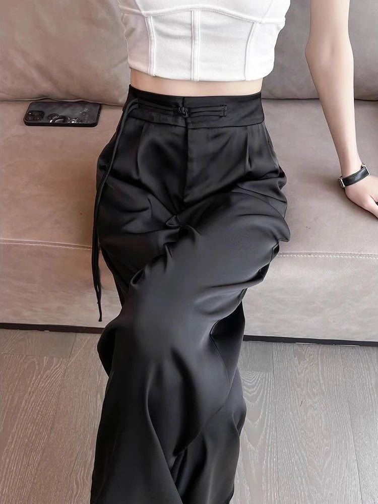 TAMBREET 2024 Black Satin Narrow Version Wide Leg Pants for Women Summer Thin High Waist Slim Chinese Style Button Sagging Straight Pants