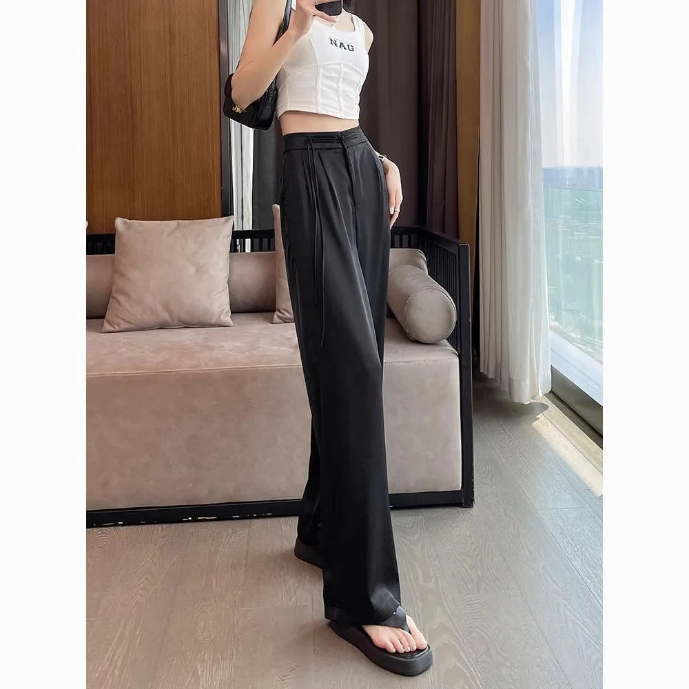 TAMBREET 2024 Black Satin Narrow Version Wide Leg Pants for Women Summer Thin High Waist Slim Chinese Style Button Sagging Straight Pants