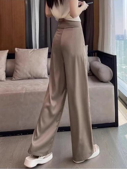 TAMBREET 2024 Black Satin Narrow Version Wide Leg Pants for Women Summer Thin High Waist Slim Chinese Style Button Sagging Straight Pants