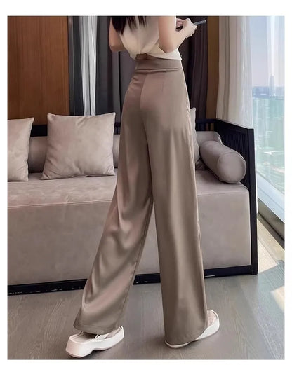 TAMBREET 2024 Black Satin Narrow Version Wide Leg Pants for Women Summer Thin High Waist Slim Chinese Style Button Sagging Straight Pants