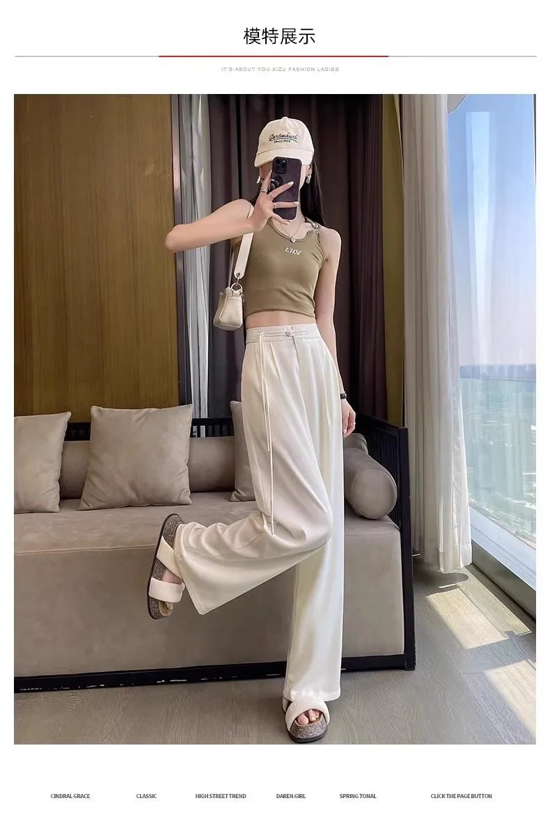 TAMBREET 2024 Black Satin Narrow Version Wide Leg Pants for Women Summer Thin High Waist Slim Chinese Style Button Sagging Straight Pants