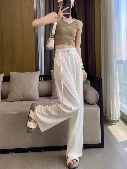 TAMBREET 2024 Black Satin Narrow Version Wide Leg Pants for Women Summer Thin High Waist Slim Chinese Style Button Sagging Straight Pants