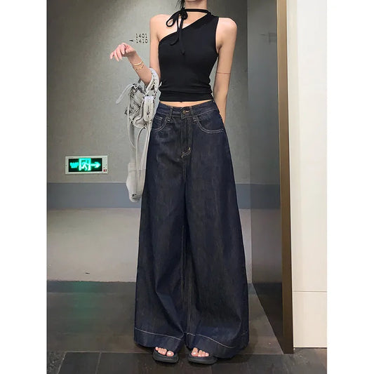 TAMBREET 2024 Blue Women Jeans High Waist Vintage Straight Baggy Denim Pants Streetwear Y2K American Style Fashion Wide Leg Denim Trouser