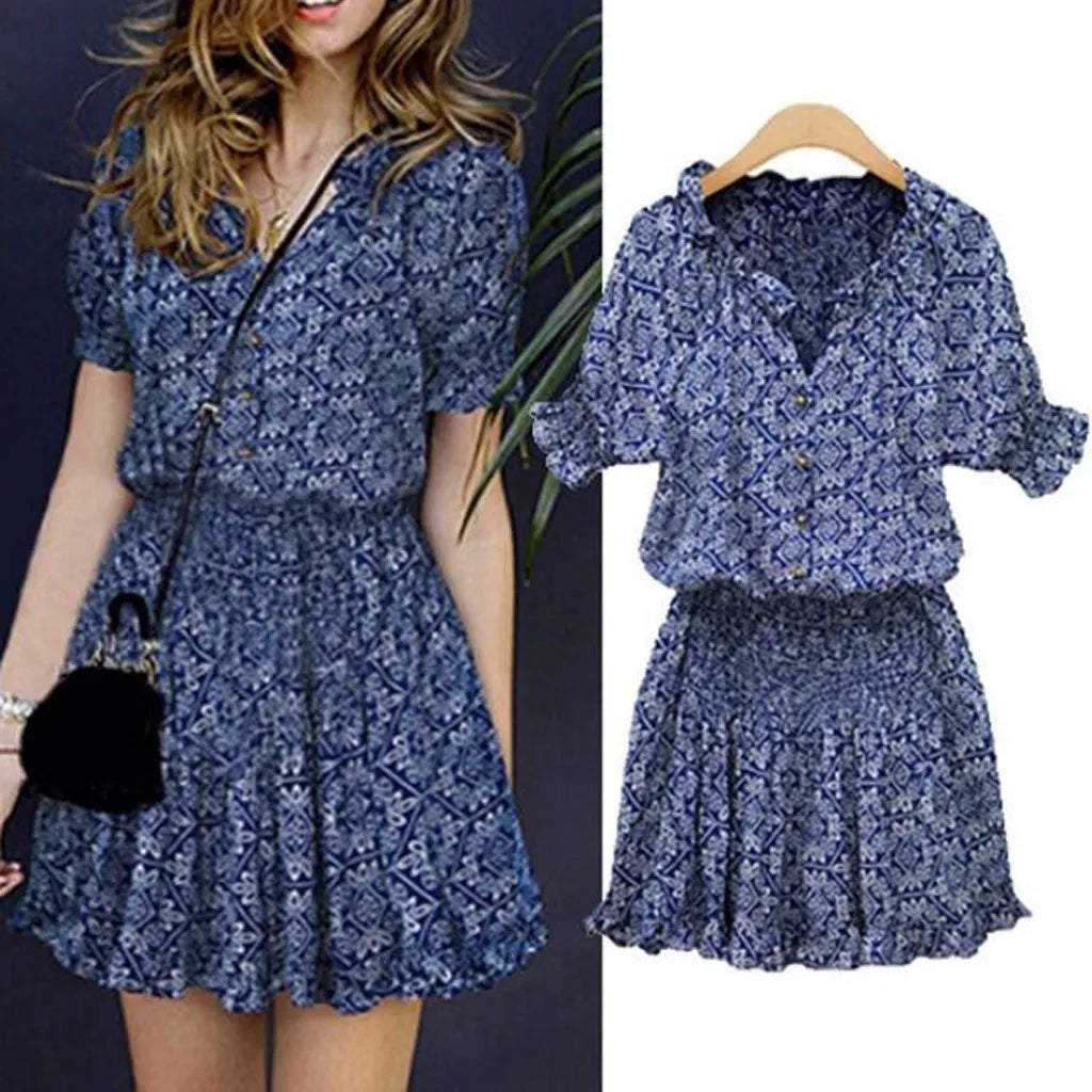 TAMBREET 2024 Boho Casual Women Summer Dress V Neck Floral Print Chiffon Beach Dress Tunic Sundress Loose Mini Party Dress Vestidos