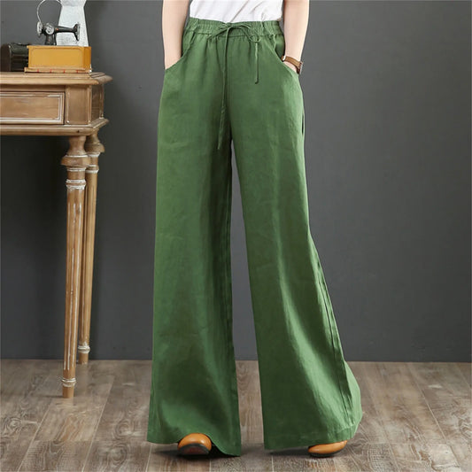 TAMBREET 2024 Cotton Linen Wide Leg Pants Big Size Trousers Women Summer Elastic Waist Casual Ankle-length Pantalones Baggy Sweatpant