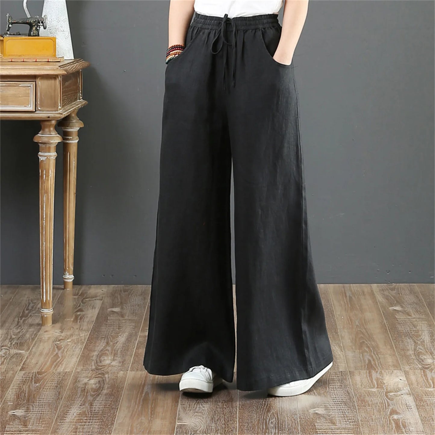 TAMBREET 2024 Cotton Linen Wide Leg Pants Big Size Trousers Women Summer Elastic Waist Casual Ankle-length Pantalones Baggy Sweatpant