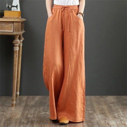 TAMBREET 2024 Cotton Linen Wide Leg Pants Big Size Trousers Women Summer Elastic Waist Casual Ankle-length Pantalones Baggy Sweatpant