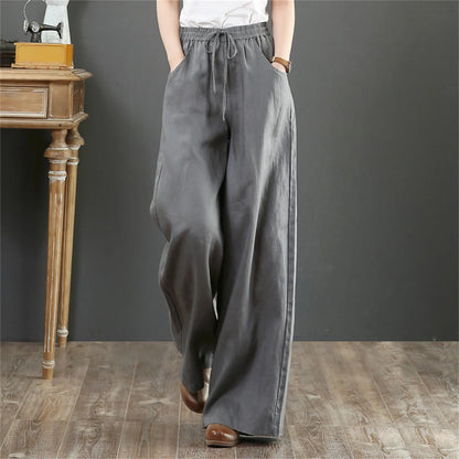 TAMBREET 2024 Cotton Linen Wide Leg Pants Big Size Trousers Women Summer Elastic Waist Casual Ankle-length Pantalones Baggy Sweatpant