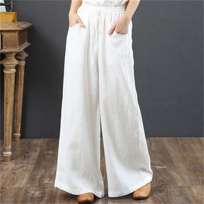 TAMBREET 2024 Cotton Linen Wide Leg Pants Big Size Trousers Women Summer Elastic Waist Casual Ankle-length Pantalones Baggy Sweatpant