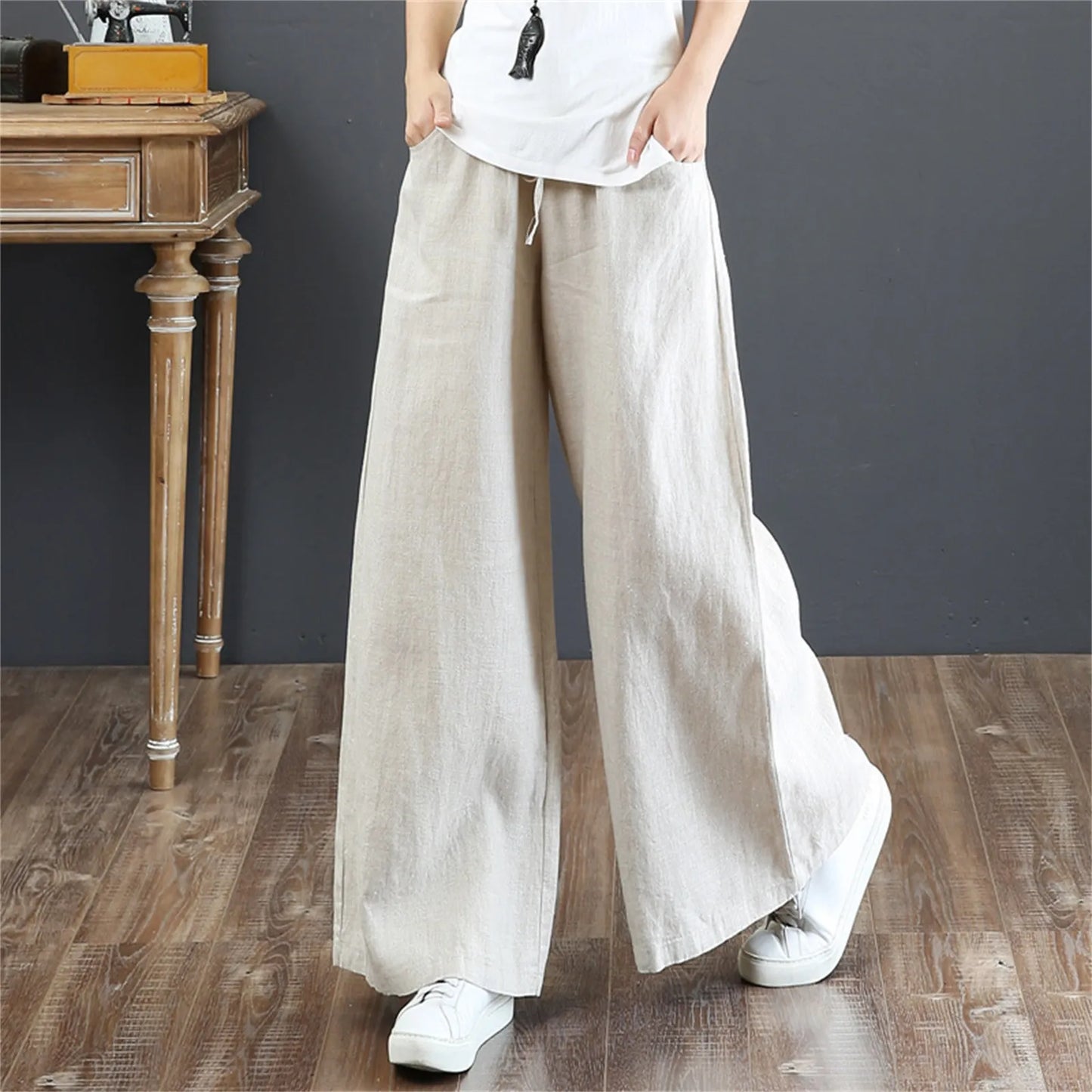 TAMBREET 2024 Cotton Linen Wide Leg Pants Big Size Trousers Women Summer Elastic Waist Casual Ankle-length Pantalones Baggy Sweatpant