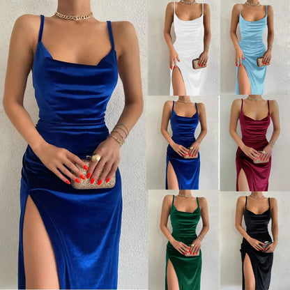 TAMBREET 2024 Elegant Evening Gown For Women Summer Velvet Midi Bodycon Dress Women Sleeveless Off Shoulder Backless Party Club Dresses