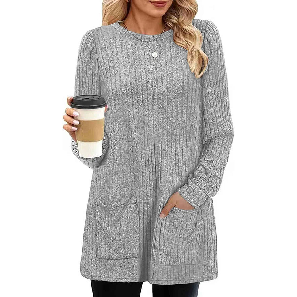 TAMBREET 2024 Europe and the United States Autumn and winter new mid-length sweater pit strip solid color pocket gown woman