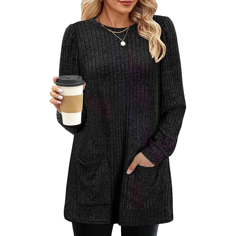 TAMBREET 2024 Europe and the United States Autumn and winter new mid-length sweater pit strip solid color pocket gown woman