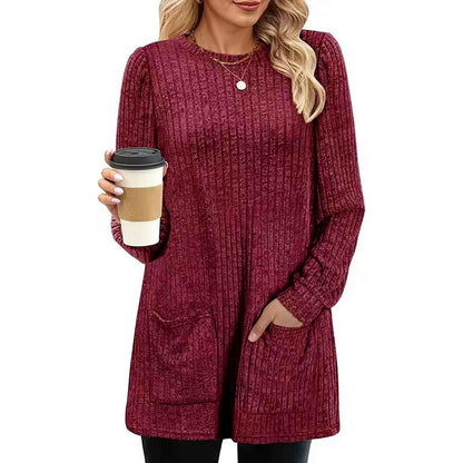 TAMBREET 2024 Europe and the United States Autumn and winter new mid-length sweater pit strip solid color pocket gown woman