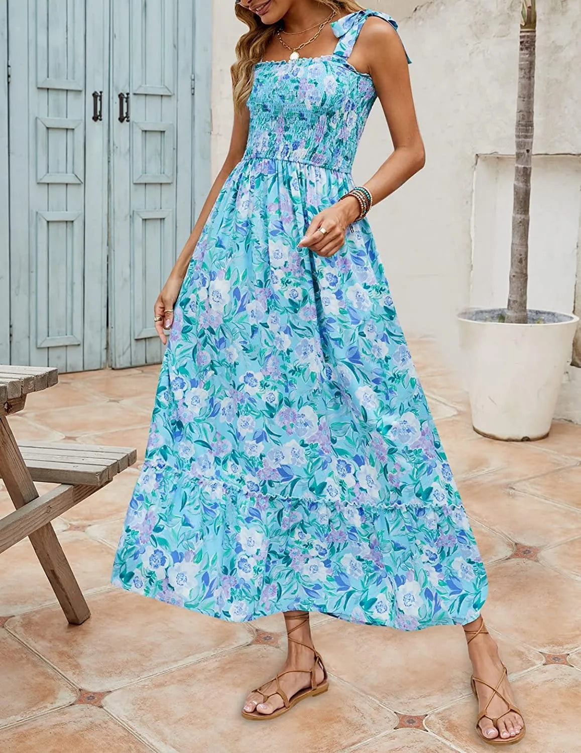 TAMBREET 2024 Europe and the United States summer new women's long skirt Bohemian print halter loose casual dress