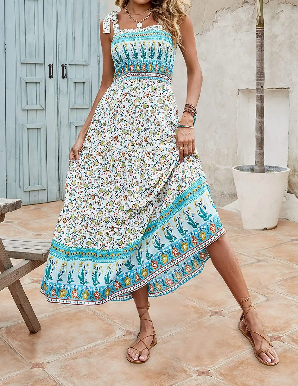 TAMBREET 2024 Europe and the United States summer new women's long skirt Bohemian print halter loose casual dress