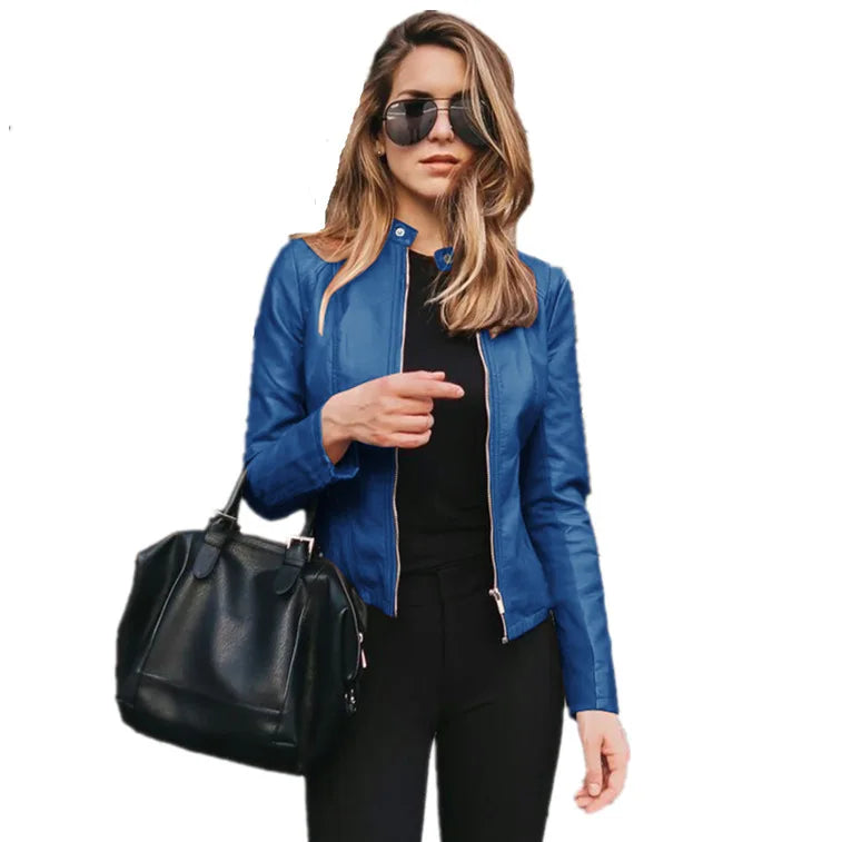 TAMBREET 2024 European And American Autumn And Winter Women's Solid Color Simulated Leather Jacket PU Fashion Leather Jacket For Women