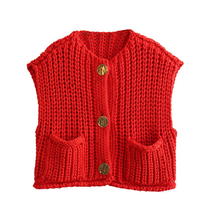 TAMBREET 2024 Fall Clothes Korean Fashion Sweater Vests Women V Neck Blue Button-Up Front Pockets Sleeveless Cable Knit Cardigan Vest Red