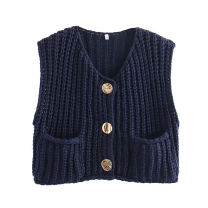 TAMBREET 2024 Fall Clothes Korean Fashion Sweater Vests Women V Neck Blue Button-Up Front Pockets Sleeveless Cable Knit Cardigan Vest Red