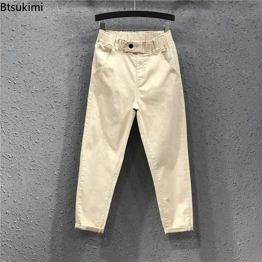 TAMBREET 2024 Fashion Summer Women Harem Pants All-matched Casual Cotton Denim Pants Elastic Waist Solid Yellow White Jeans Female 3XL