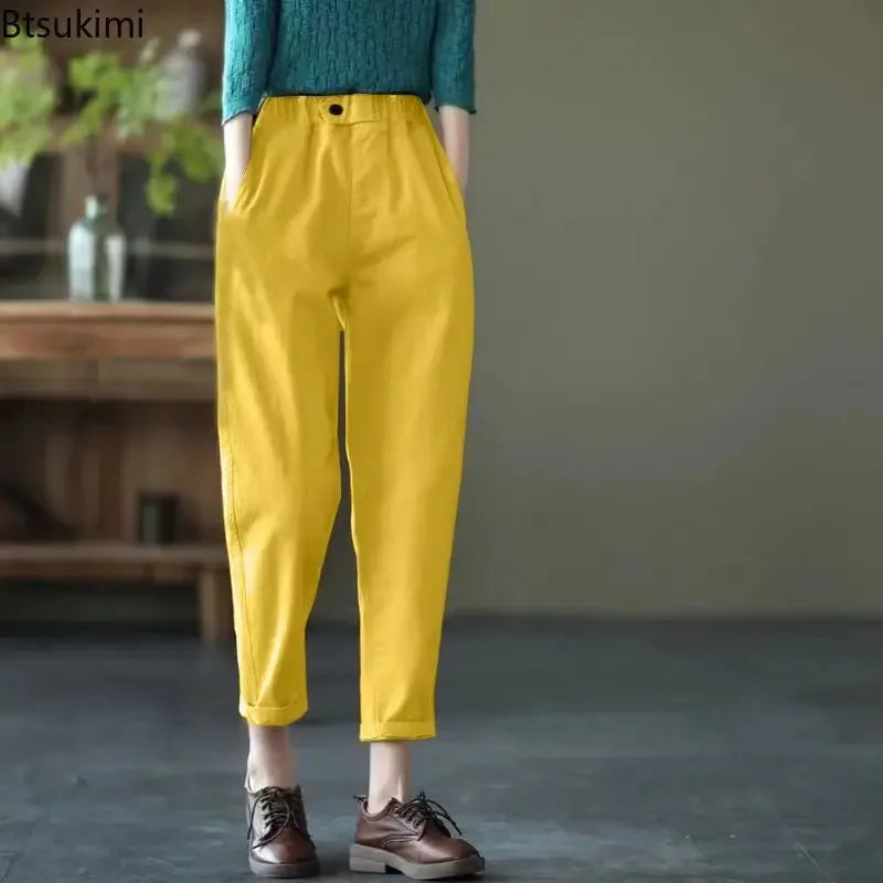 TAMBREET 2024 Fashion Summer Women Harem Pants All-matched Casual Cotton Denim Pants Elastic Waist Solid Yellow White Jeans Female 3XL