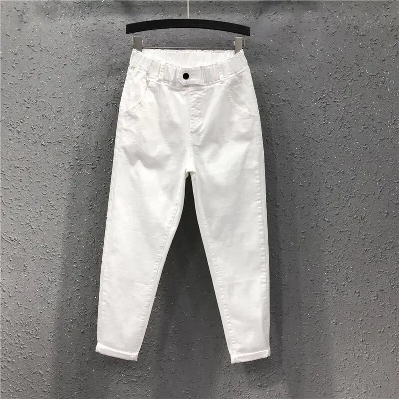 TAMBREET 2024 Fashion Summer Women Harem Pants All-matched Casual Cotton Denim Pants Elastic Waist Solid Yellow White Jeans Female 3XL