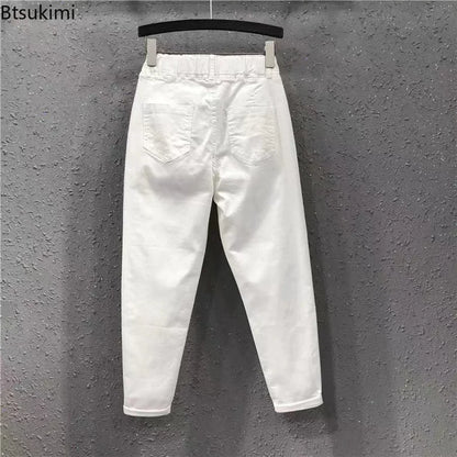 TAMBREET 2024 Fashion Summer Women Harem Pants All-matched Casual Cotton Denim Pants Elastic Waist Solid Yellow White Jeans Female 3XL