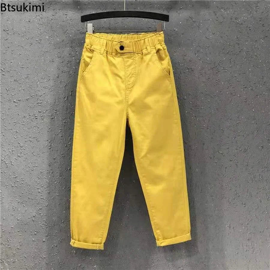 TAMBREET 2024 Fashion Summer Women Harem Pants All-matched Casual Cotton Denim Pants Elastic Waist Solid Yellow White Jeans Female 3XL