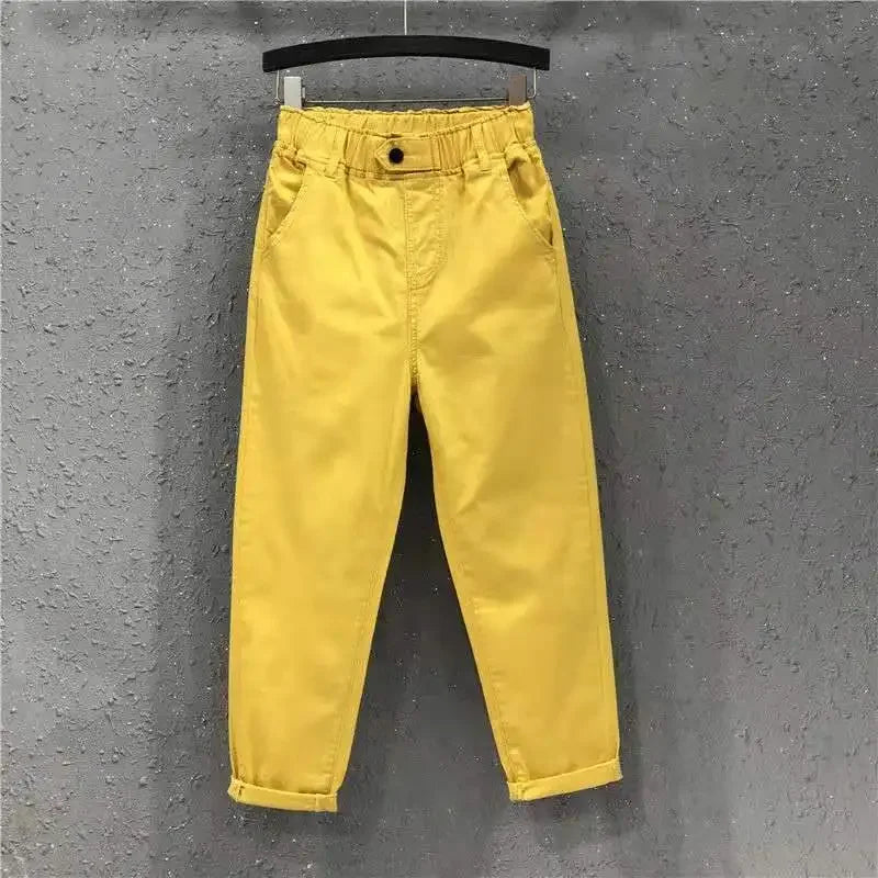 TAMBREET 2024 Fashion Summer Women Harem Pants All-matched Casual Cotton Denim Pants Elastic Waist Solid Yellow White Jeans Female 3XL