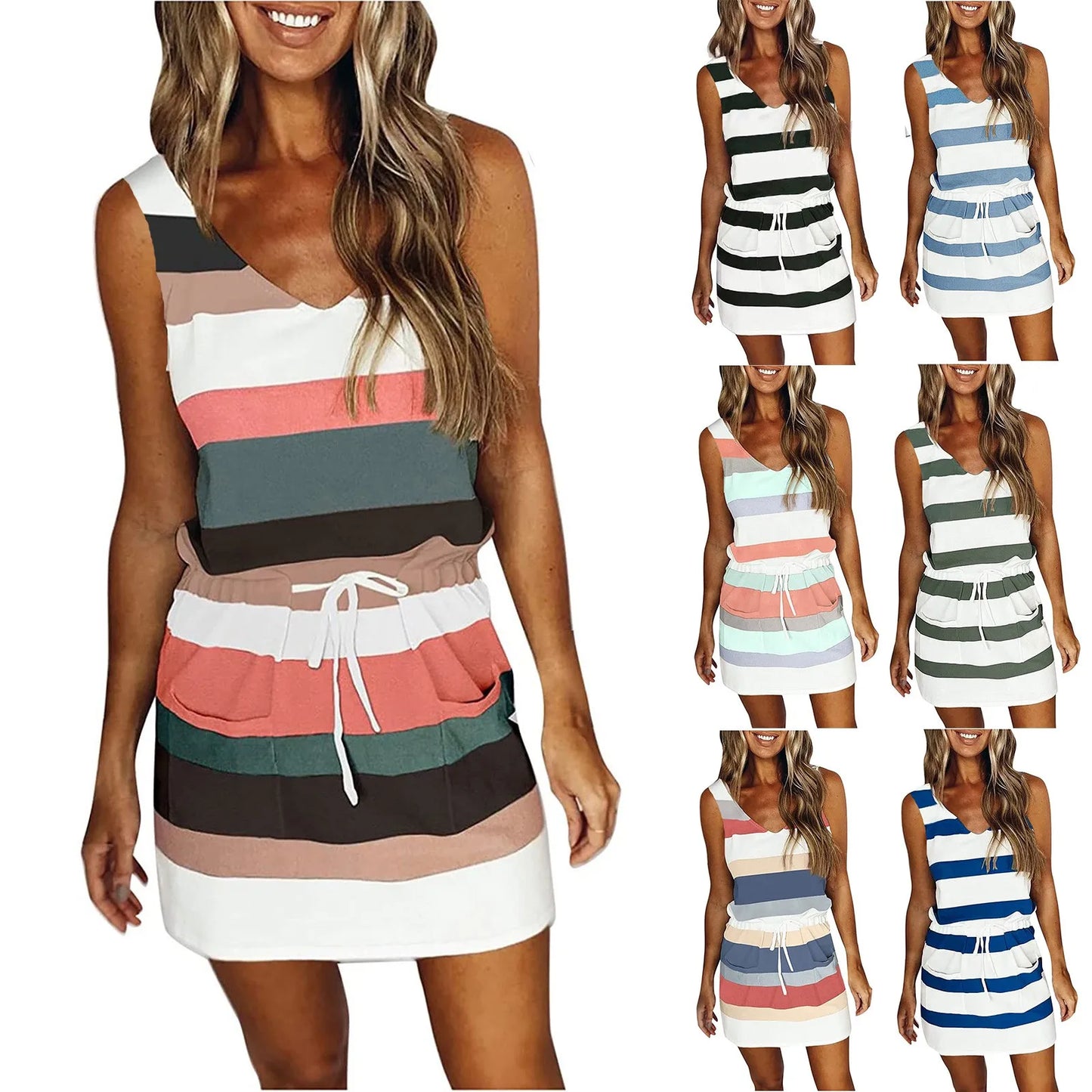 TAMBREET 2024 High-quality Повседневное платье Women's Fashion Summer Loose Casual Fashionably diverse Striped Printed Vest Pocket Dress