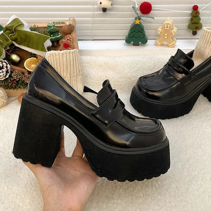 TAMBREET 2024 Hot Sale High Heels Loafers Women Shoes Retro Chunky Heels Pumps Woman Uniform College Platform Mary Jane Shoes Ladies