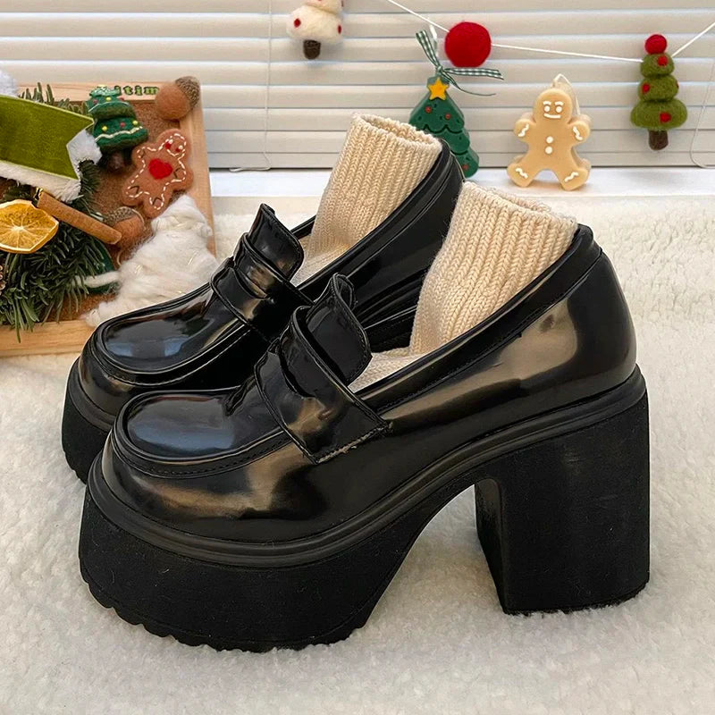 TAMBREET 2024 Hot Sale High Heels Loafers Women Shoes Retro Chunky Heels Pumps Woman Uniform College Platform Mary Jane Shoes Ladies